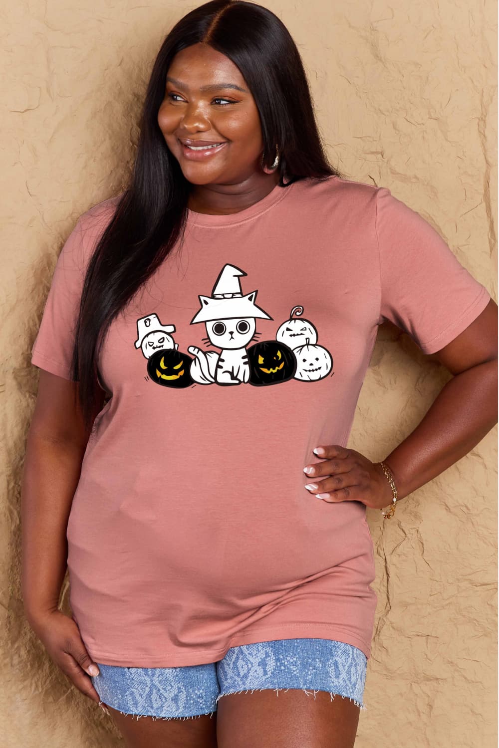 Full Size Cat & Pumpkin Graphic Cotton T-Shirt - T-Shirts - Shirts & Tops - 5 - 2024