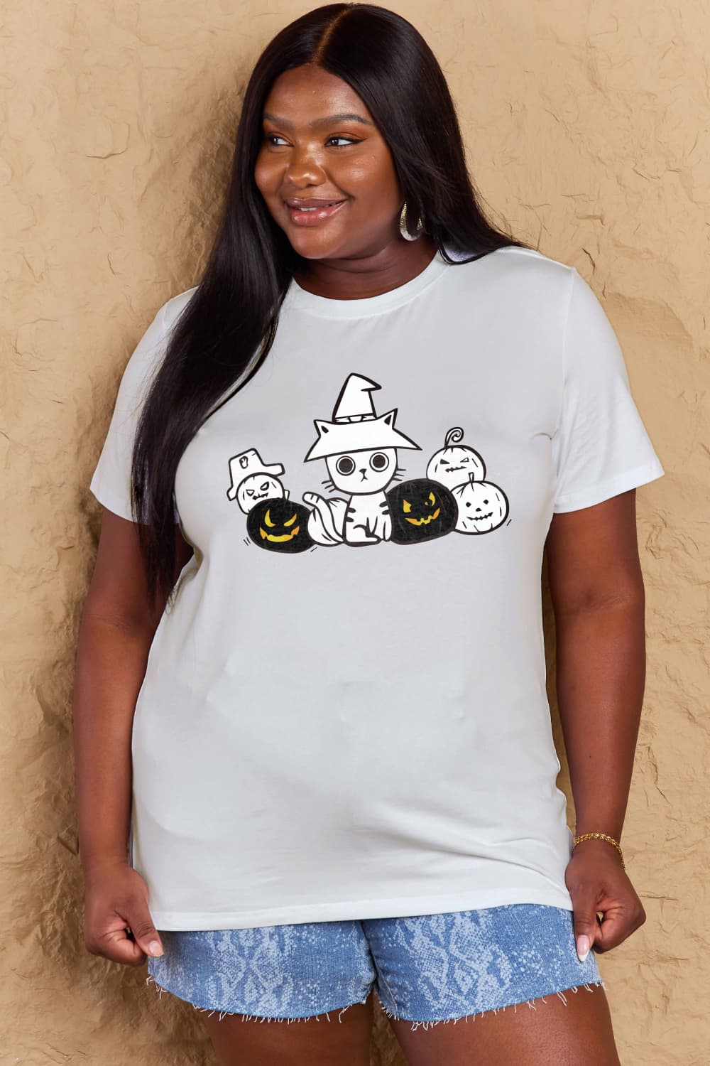 Full Size Cat & Pumpkin Graphic Cotton T-Shirt - T-Shirts - Shirts & Tops - 16 - 2024