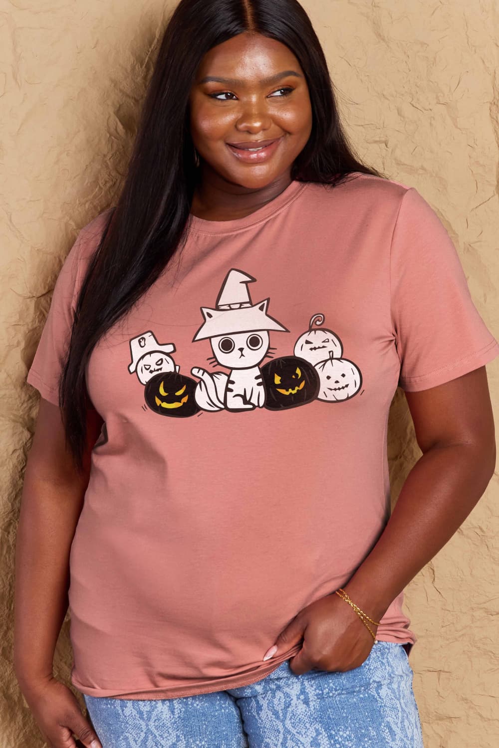 Full Size Cat & Pumpkin Graphic Cotton T-Shirt - T-Shirts - Shirts & Tops - 4 - 2024