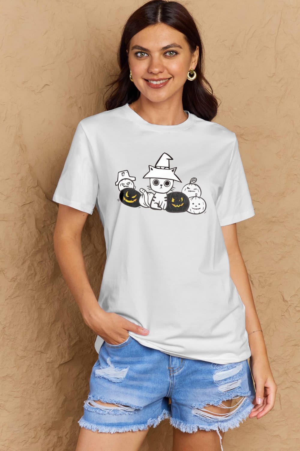 Full Size Cat & Pumpkin Graphic Cotton T-Shirt - White / S - T-Shirts - Shirts & Tops - 13 - 2024