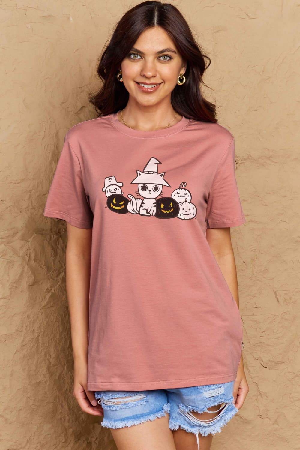Full Size Cat & Pumpkin Graphic Cotton T-Shirt - T-Shirts - Shirts & Tops - 3 - 2024