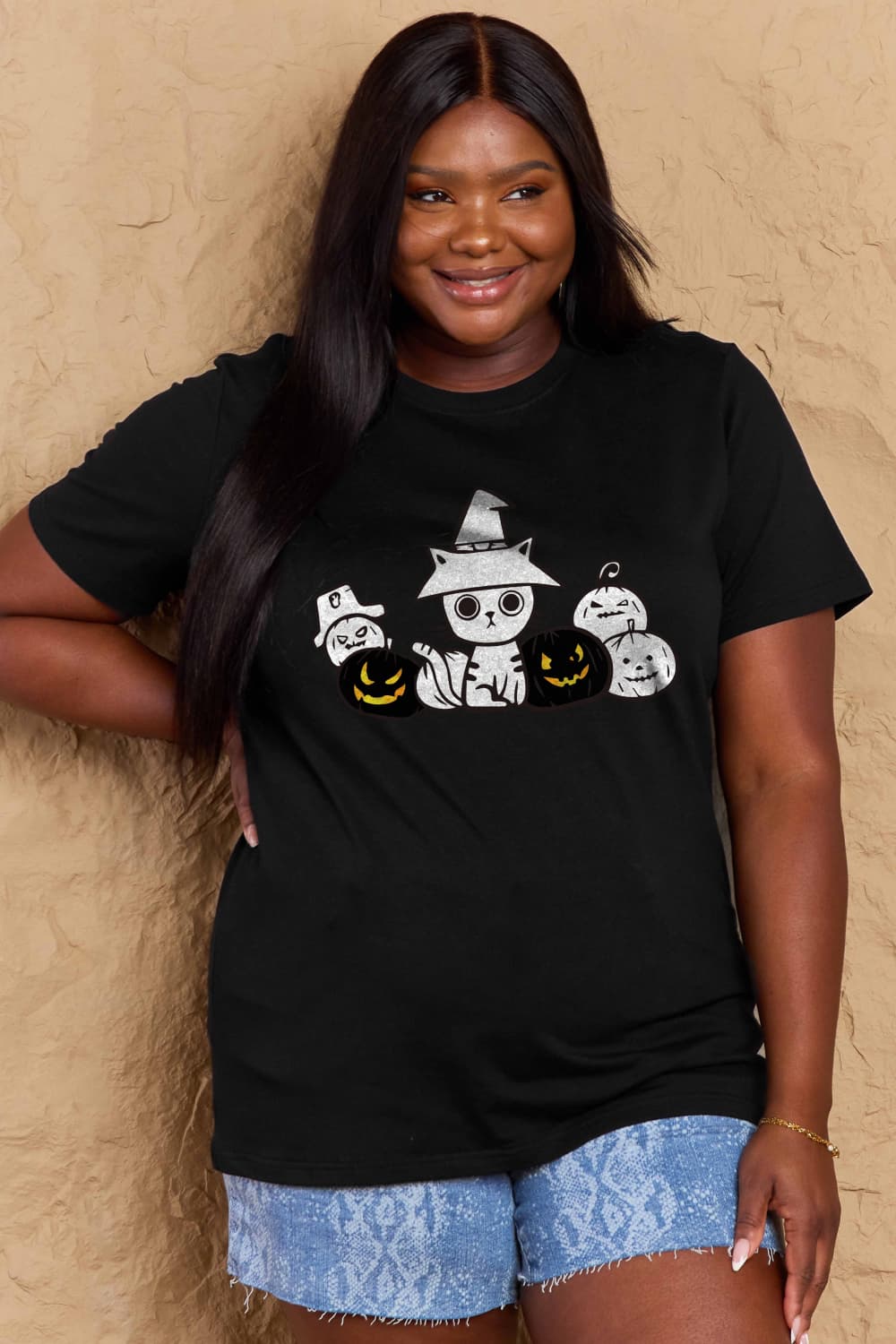 Full Size Cat & Pumpkin Graphic Cotton T-Shirt - T-Shirts - Shirts & Tops - 10 - 2024
