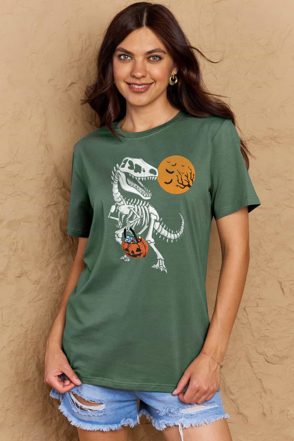 Full Size Dinosaur Skeleton Graphic Cotton T-Shirt - Green / S - T-Shirts - Shirts & Tops - 14 - 2024