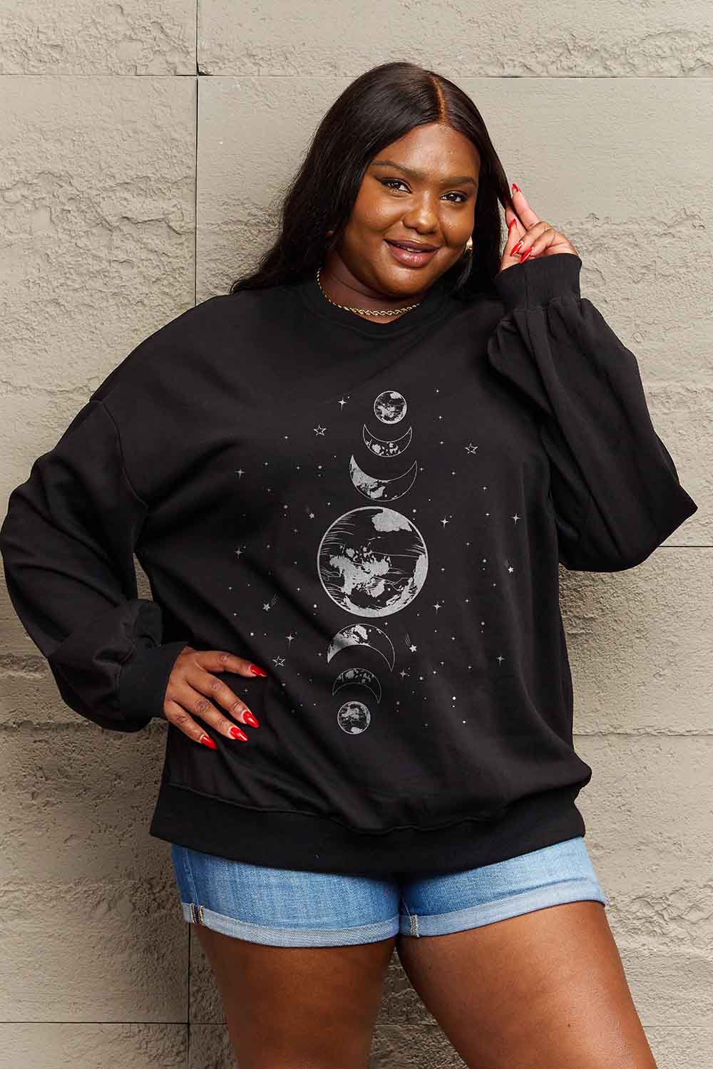 Full Size Earth & Moon Graphic Sweatshirt - Black / S - T-Shirts - Shirts & Tops - 1 - 2024