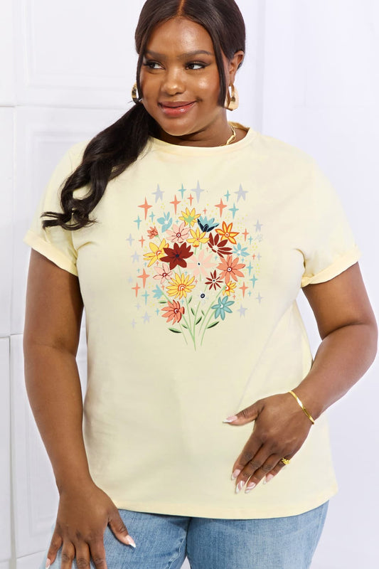 Full Size Floral Graphic Cotton Tee - Light Yellow / S - T-Shirts - Shirts & Tops - 7 - 2024