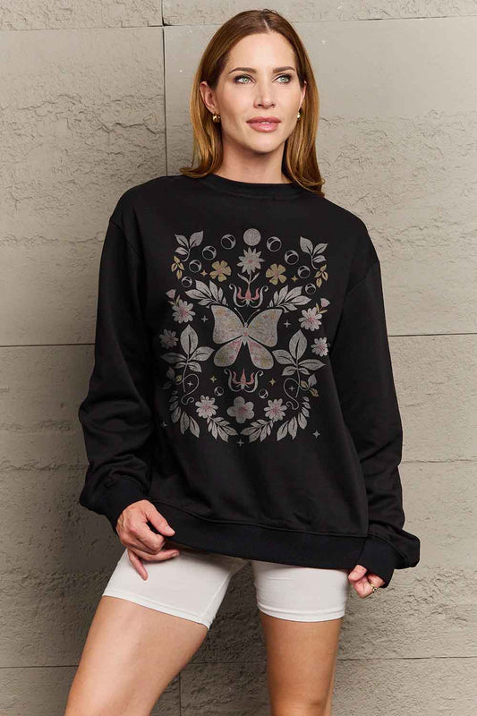 Full Size Flower and Butterfly Graphic Sweatshirt - Black / S - T-Shirts - Shirts & Tops - 1 - 2024