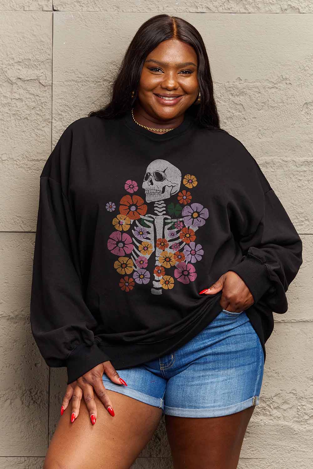 Full Size Flower Skeleton Graphic Sweatshirt - T-Shirts - Shirts & Tops - 5 - 2024