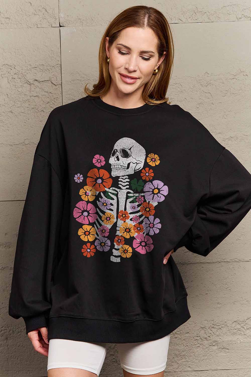 Full Size Flower Skeleton Graphic Sweatshirt - Black / S - T-Shirts - Shirts & Tops - 1 - 2024