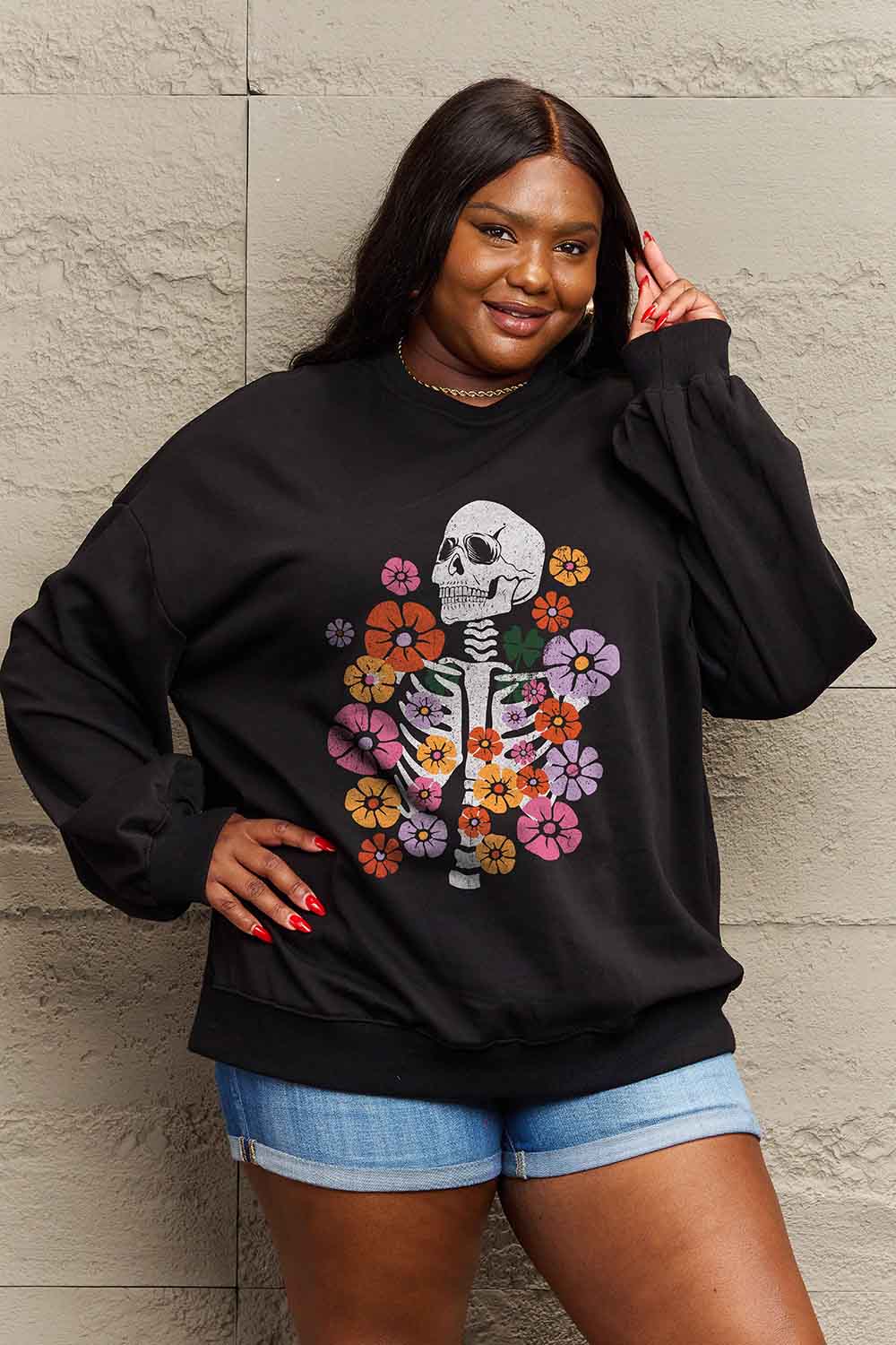 Full Size Flower Skeleton Graphic Sweatshirt - T-Shirts - Shirts & Tops - 4 - 2024