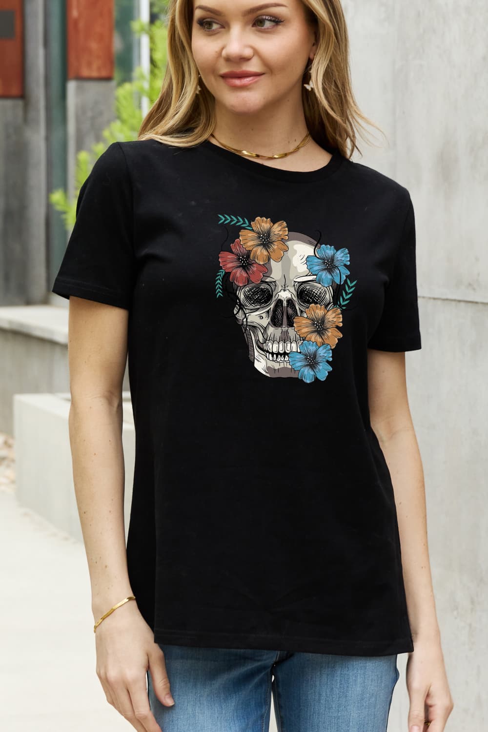 Full Size Flower Skull Graphic Cotton Tee - Black / S - T-Shirts - Shirts & Tops - 8 - 2024