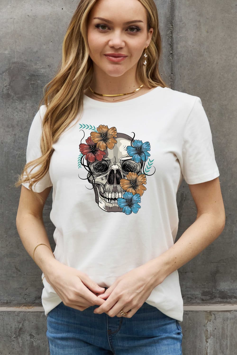 Full Size Flower Skull Graphic Cotton Tee - T-Shirts - Shirts & Tops - 3 - 2024