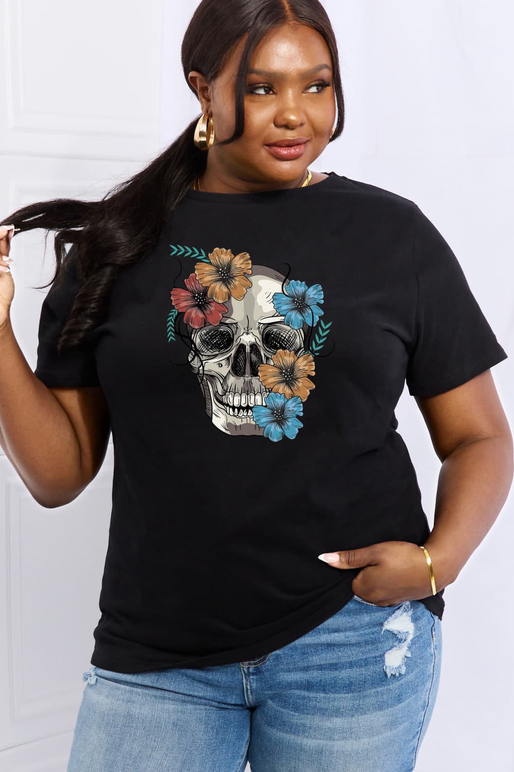 Full Size Flower Skull Graphic Cotton Tee - T-Shirts - Shirts & Tops - 10 - 2024