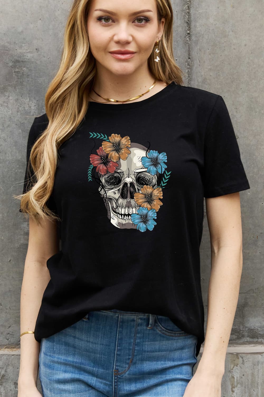 Full Size Flower Skull Graphic Cotton Tee - T-Shirts - Shirts & Tops - 7 - 2024