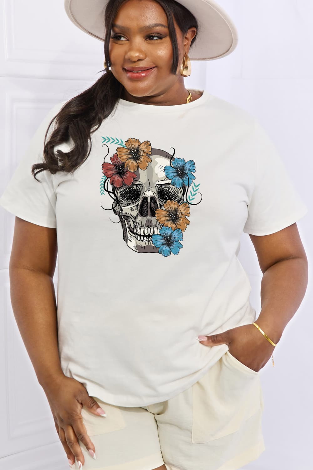 Full Size Flower Skull Graphic Cotton Tee - T-Shirts - Shirts & Tops - 4 - 2024