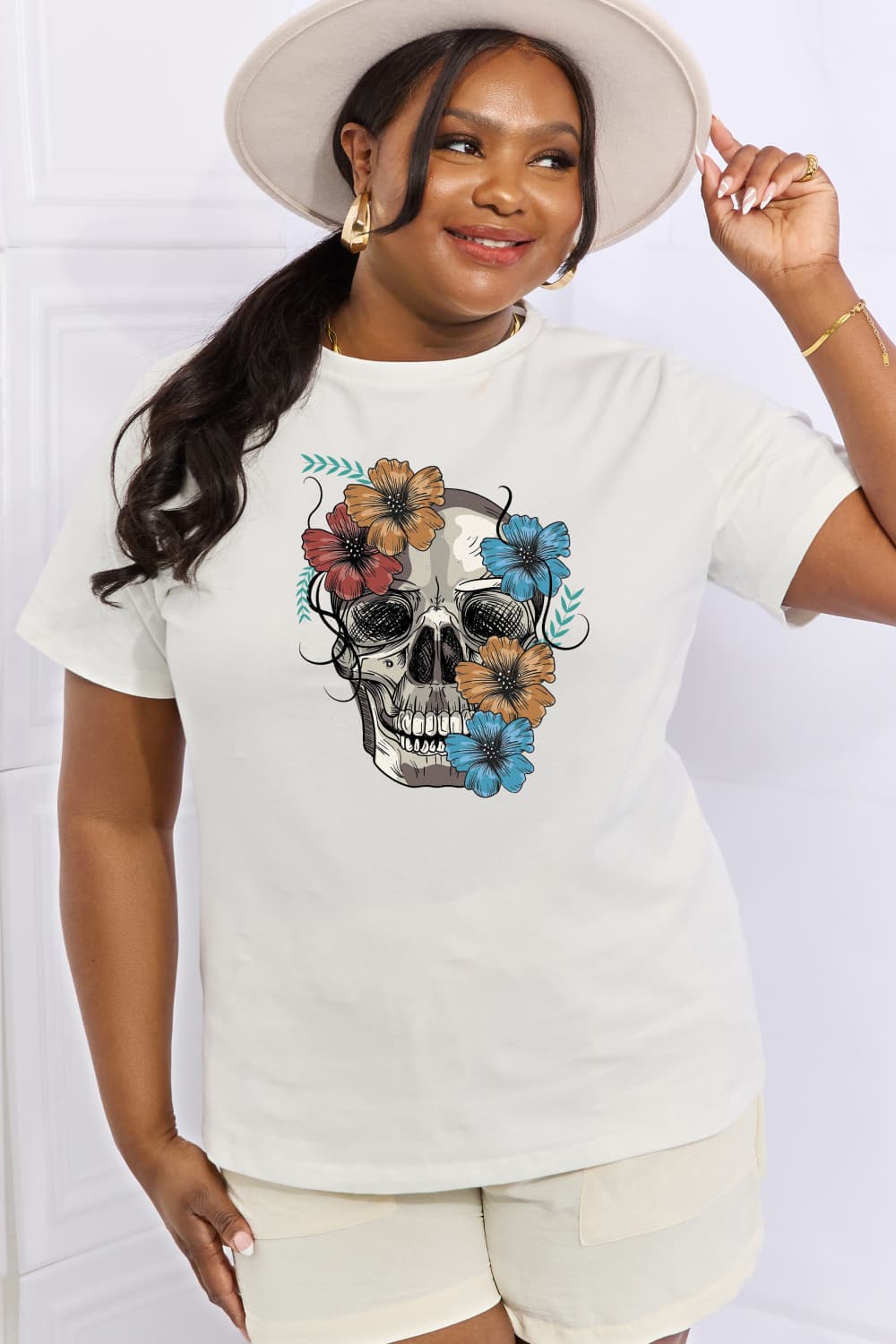 Full Size Flower Skull Graphic Cotton Tee - T-Shirts - Shirts & Tops - 5 - 2024