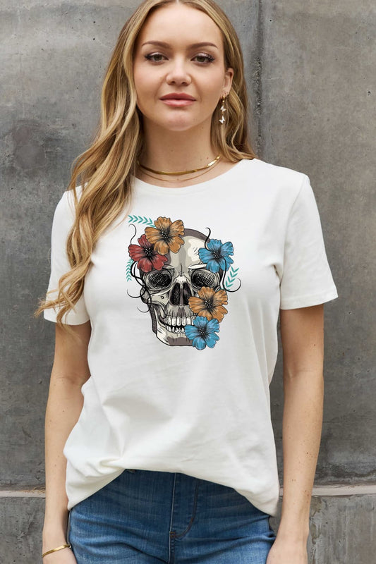 Full Size Flower Skull Graphic Cotton Tee - White / S - T-Shirts - Shirts & Tops - 1 - 2024