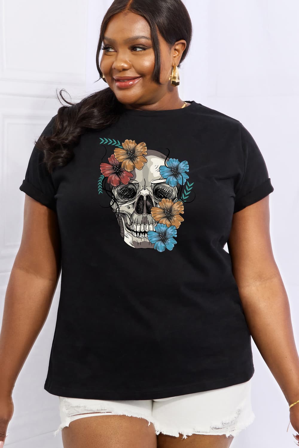 Full Size Flower Skull Graphic Cotton Tee - T-Shirts - Shirts & Tops - 11 - 2024