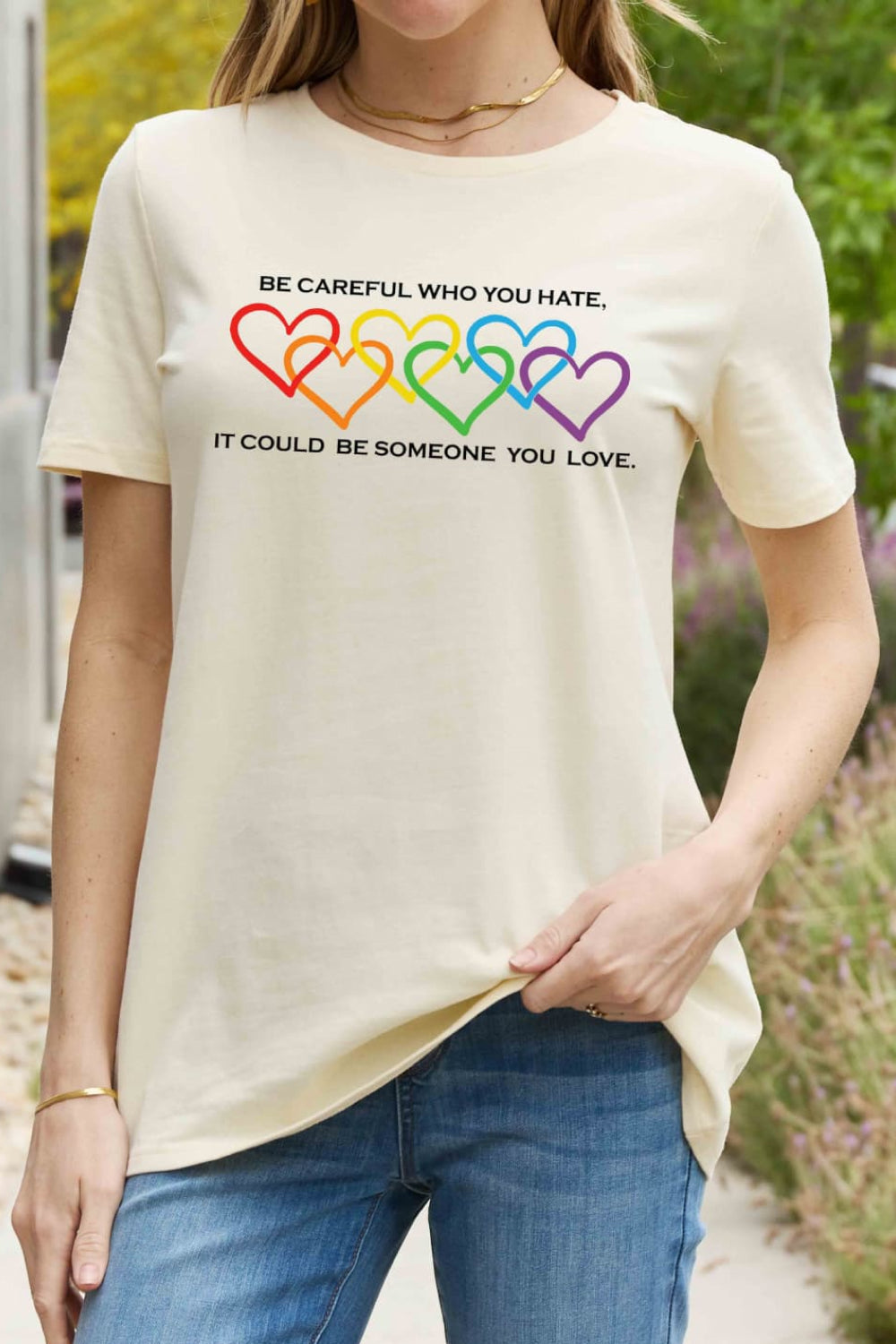 Full Size Heart Slogan Graphic Cotton Tee - Light Yellow / S - T-Shirts - Shirts & Tops - 1 - 2024