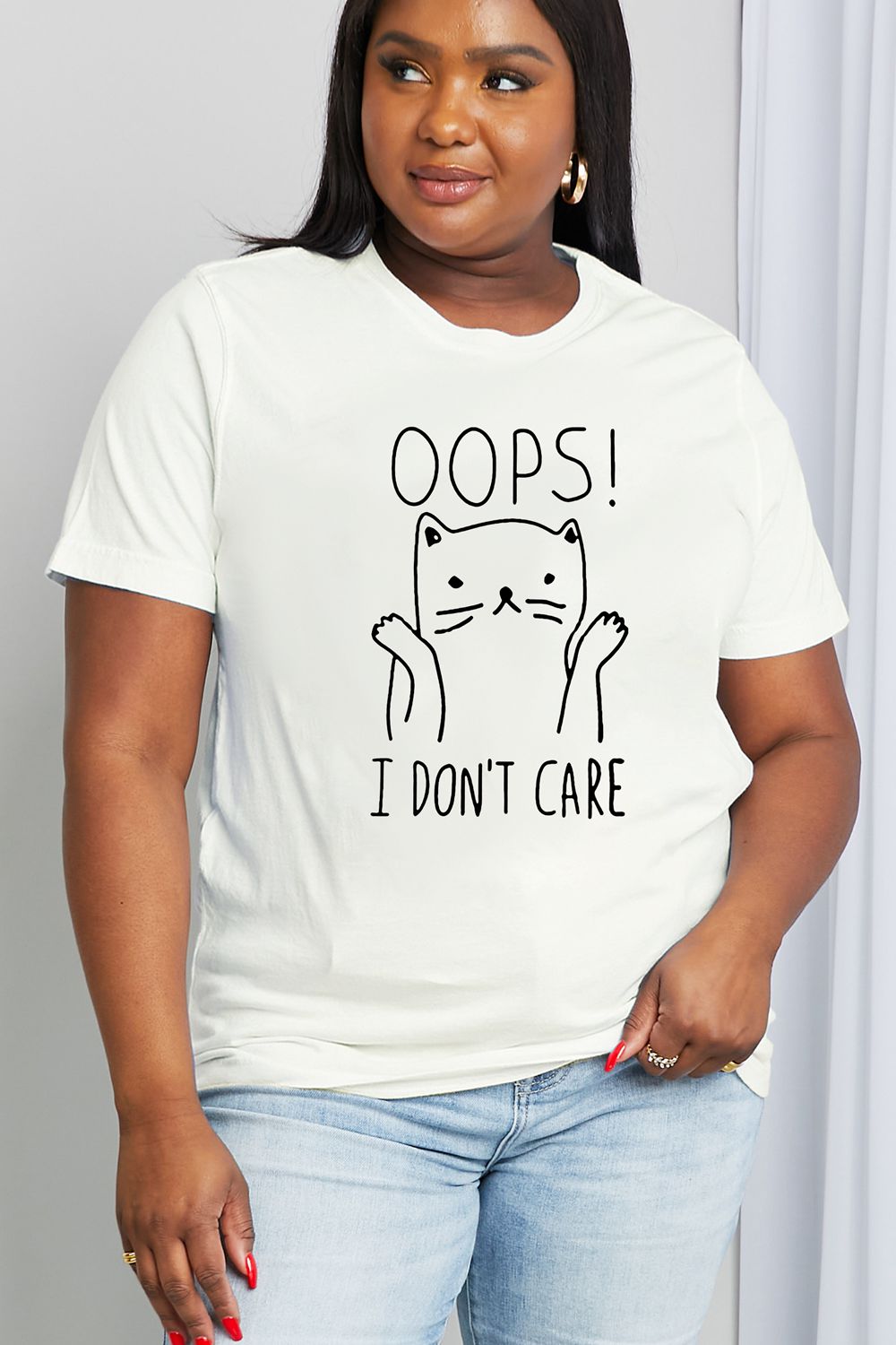 Full Size OOPS I DON’T CARE Graphic Cotton Tee - White / S - T-Shirts - Shirts & Tops - 1 - 2024