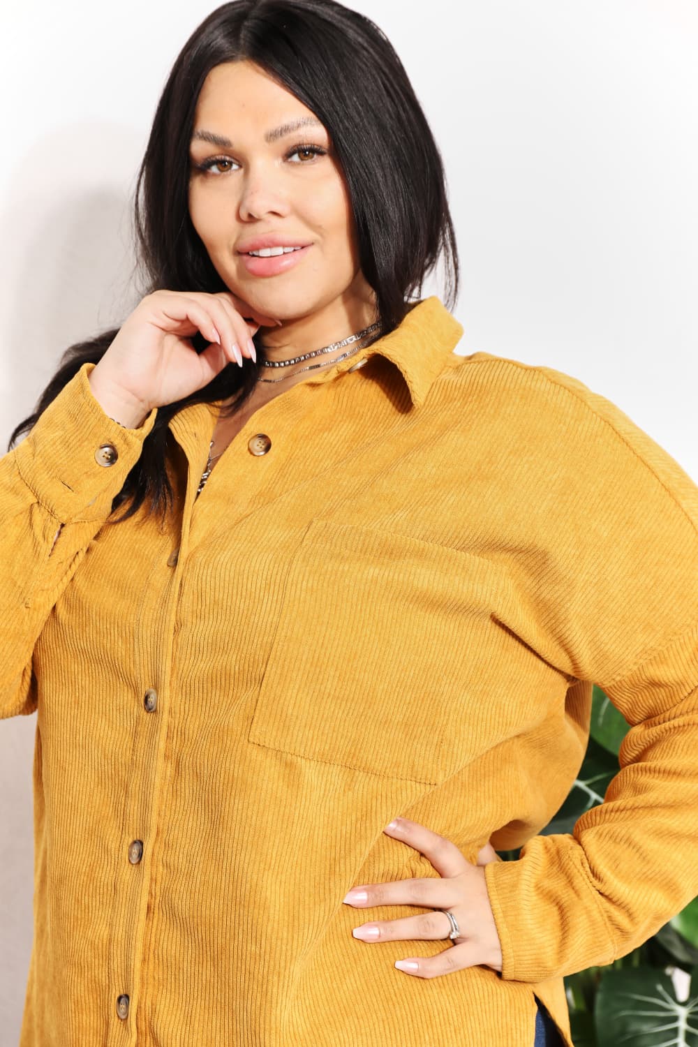 Full Size Oversized Corduroy Button-Down Tunic Shirt with Bust Pocket - T-Shirts - Shirts & Tops - 15 - 2024