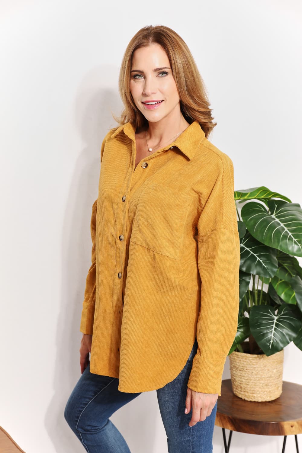 Full Size Oversized Corduroy Button-Down Tunic Shirt with Bust Pocket - T-Shirts - Shirts & Tops - 6 - 2024