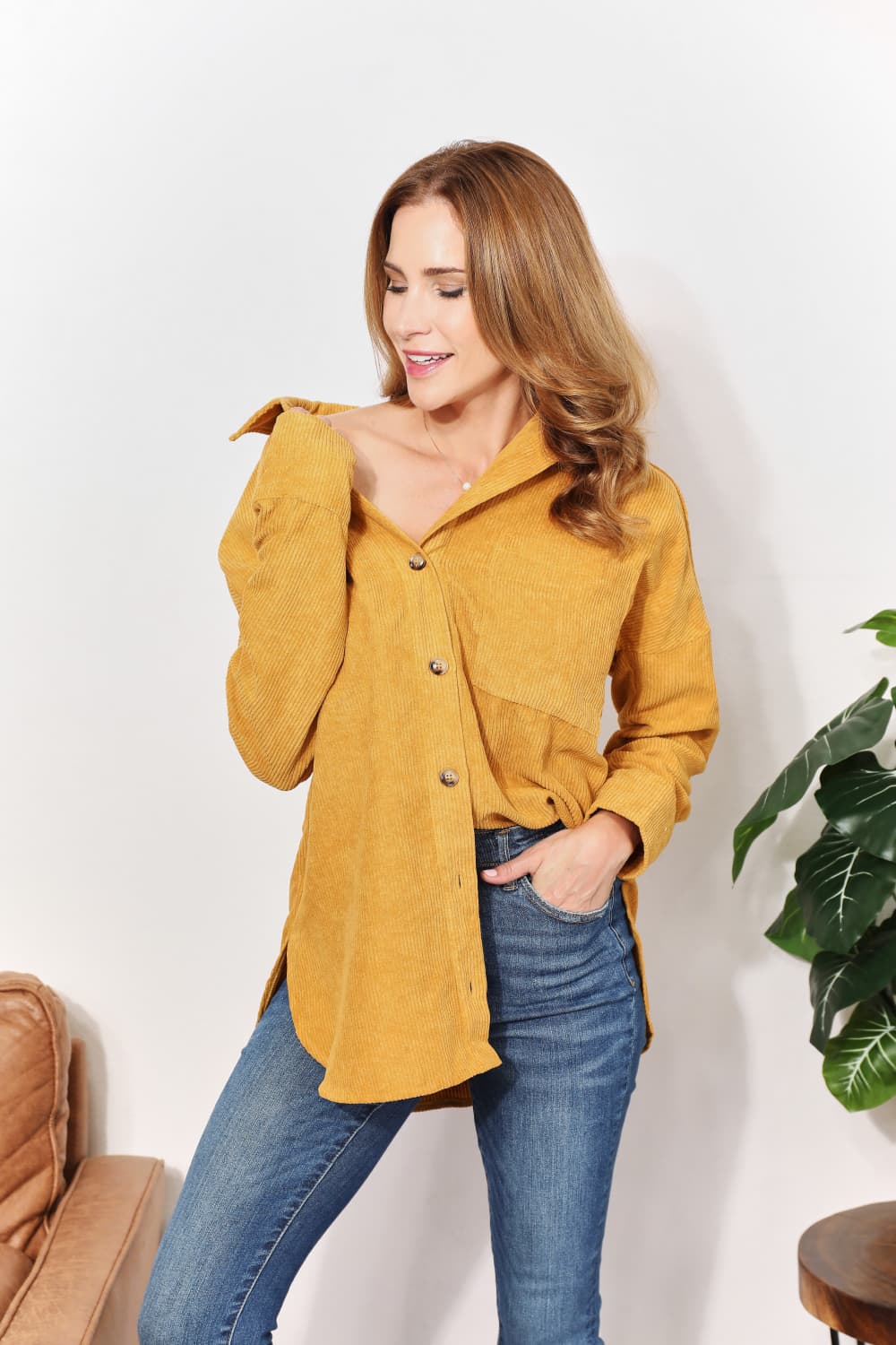 Full Size Oversized Corduroy Button-Down Tunic Shirt with Bust Pocket - T-Shirts - Shirts & Tops - 5 - 2024