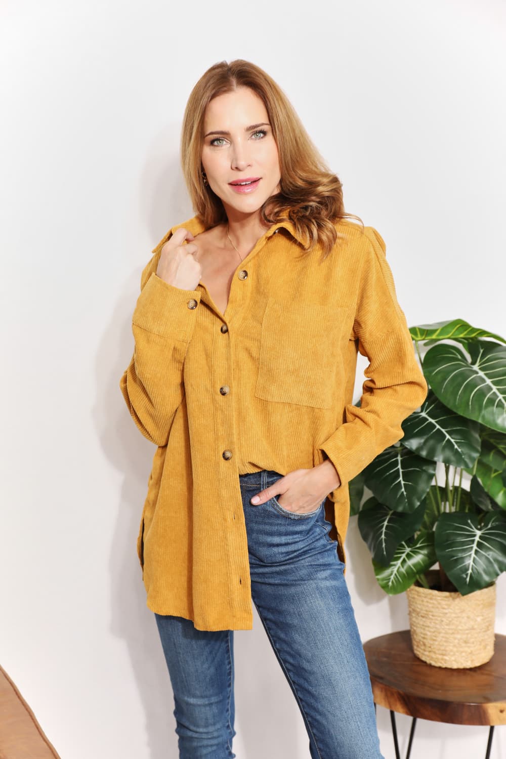 Full Size Oversized Corduroy Button-Down Tunic Shirt with Bust Pocket - T-Shirts - Shirts & Tops - 3 - 2024