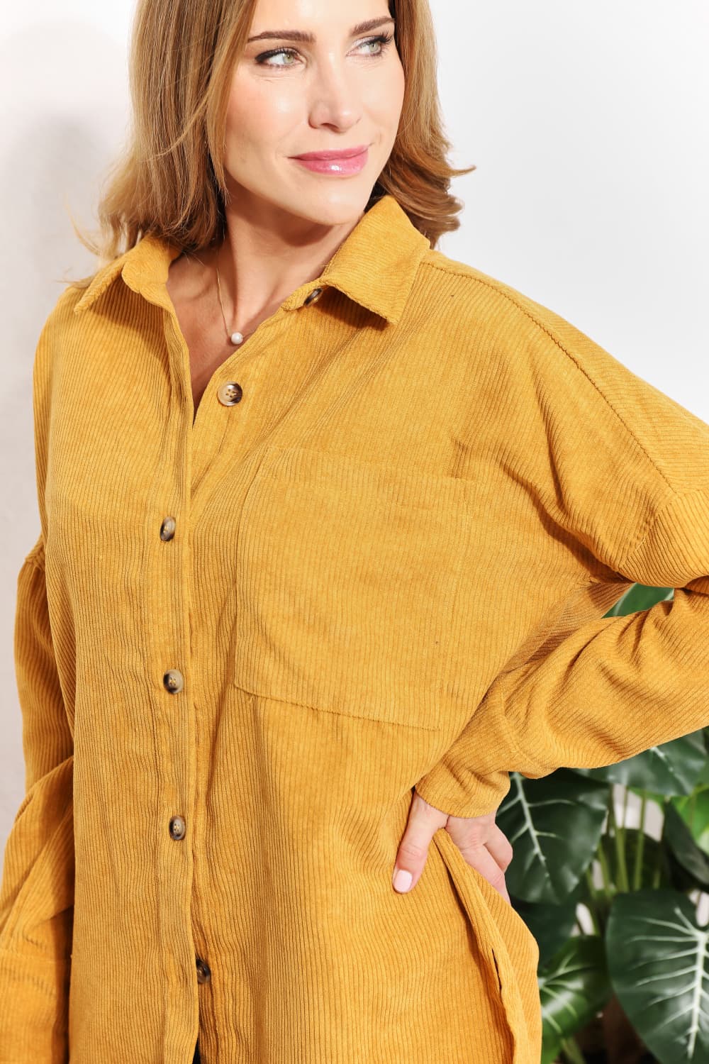 Full Size Oversized Corduroy Button-Down Tunic Shirt with Bust Pocket - T-Shirts - Shirts & Tops - 8 - 2024