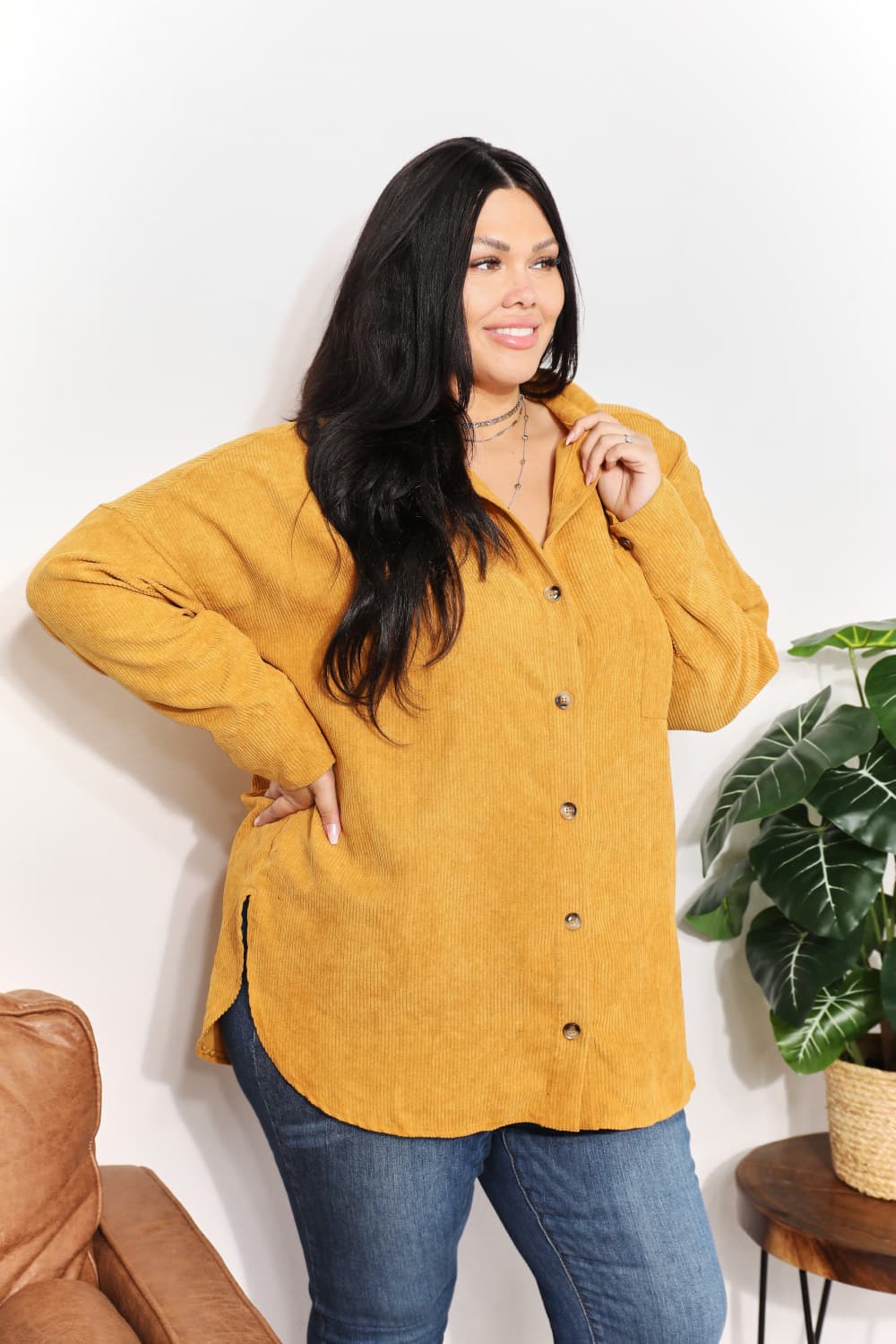 Full Size Oversized Corduroy Button-Down Tunic Shirt with Bust Pocket - T-Shirts - Shirts & Tops - 12 - 2024
