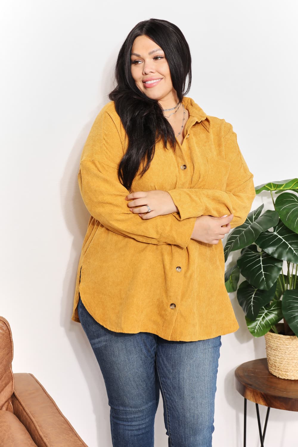 Full Size Oversized Corduroy Button-Down Tunic Shirt with Bust Pocket - T-Shirts - Shirts & Tops - 10 - 2024
