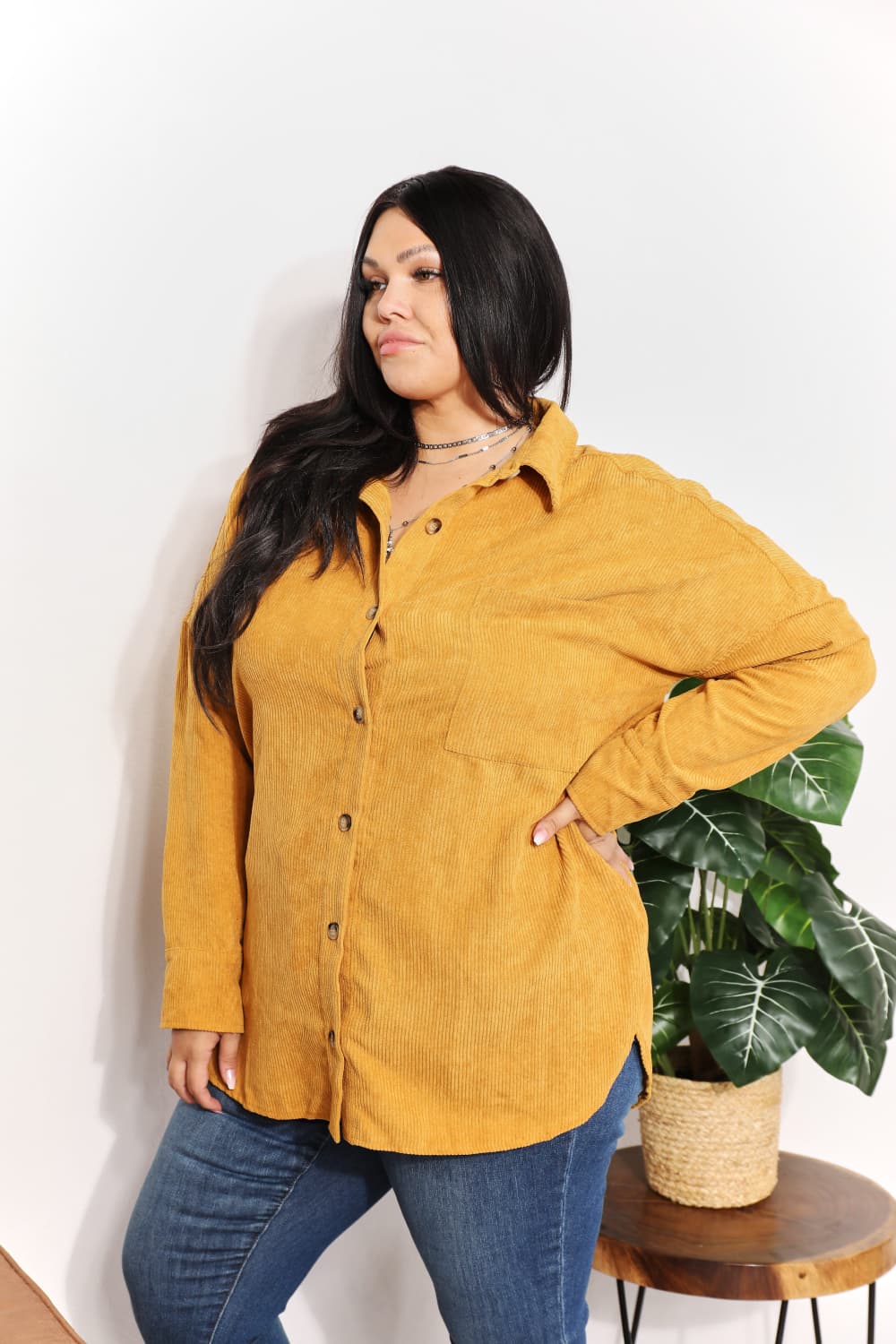 Full Size Oversized Corduroy Button-Down Tunic Shirt with Bust Pocket - T-Shirts - Shirts & Tops - 11 - 2024