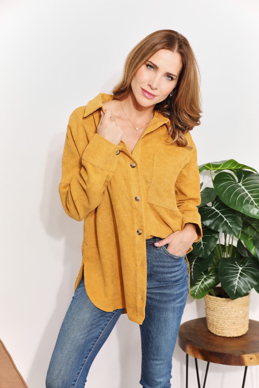 Full Size Oversized Corduroy Button-Down Tunic Shirt with Bust Pocket - T-Shirts - Shirts & Tops - 4 - 2024
