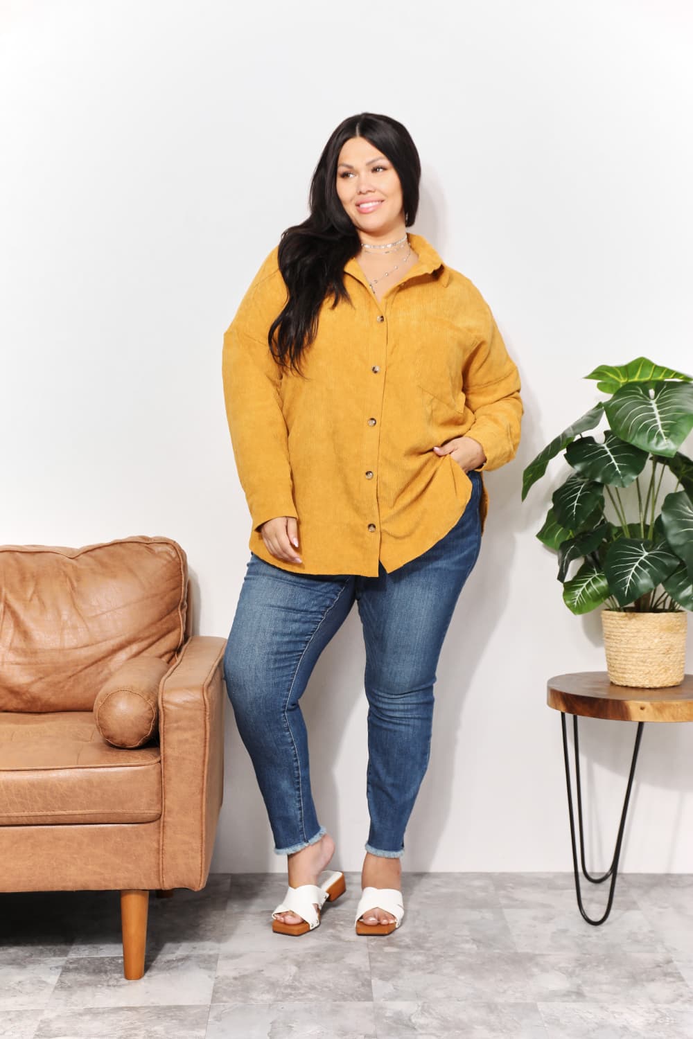 Full Size Oversized Corduroy Button-Down Tunic Shirt with Bust Pocket - T-Shirts - Shirts & Tops - 14 - 2024
