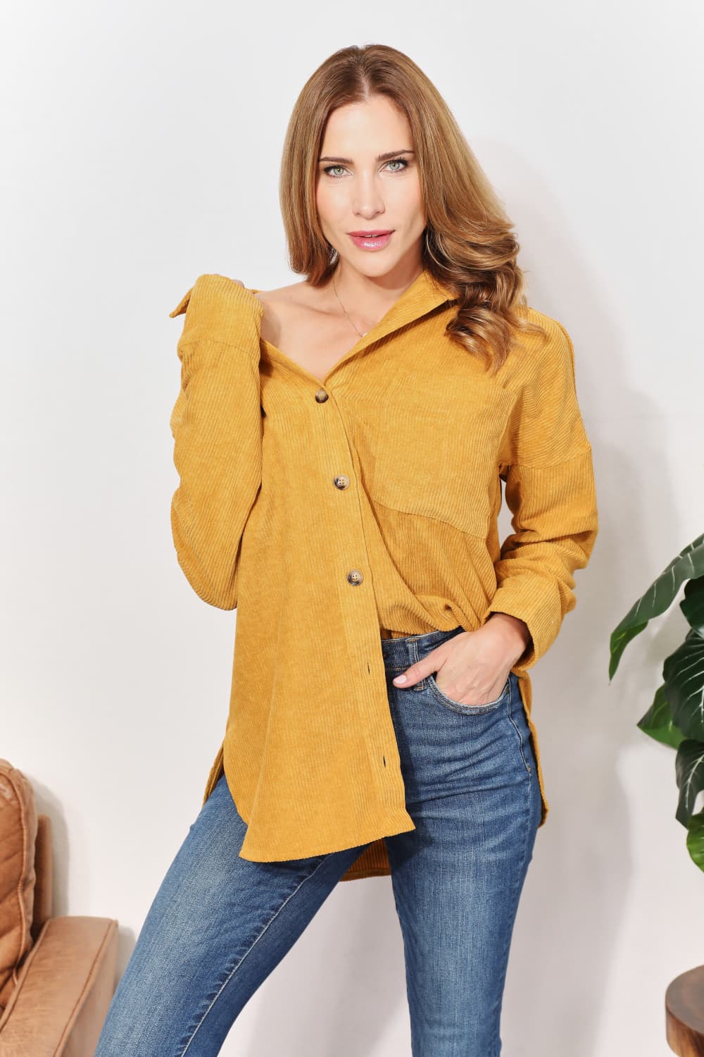 Full Size Oversized Corduroy Button-Down Tunic Shirt with Bust Pocket - Yellow / S - T-Shirts - Shirts & Tops - 1 - 2024