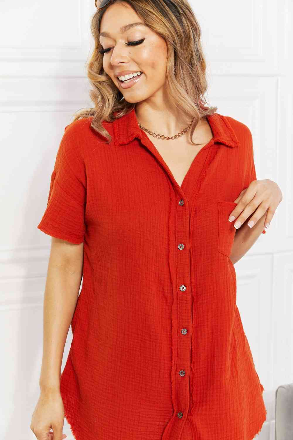 Full Size Summer Breeze Gauze Short Sleeve Shirt in Copper - T-Shirts - Shirts & Tops - 5 - 2024