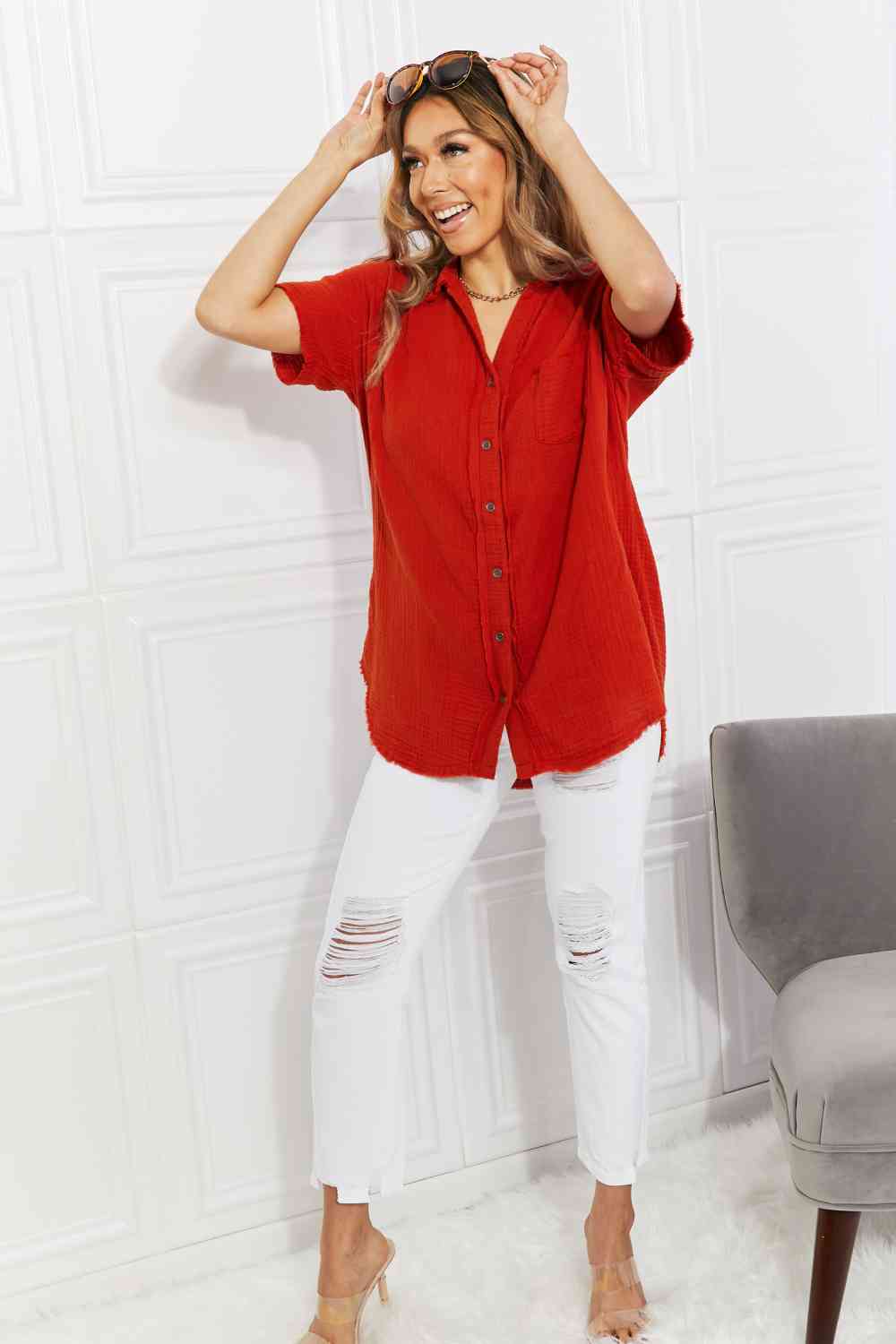Full Size Summer Breeze Gauze Short Sleeve Shirt in Copper - T-Shirts - Shirts & Tops - 4 - 2024