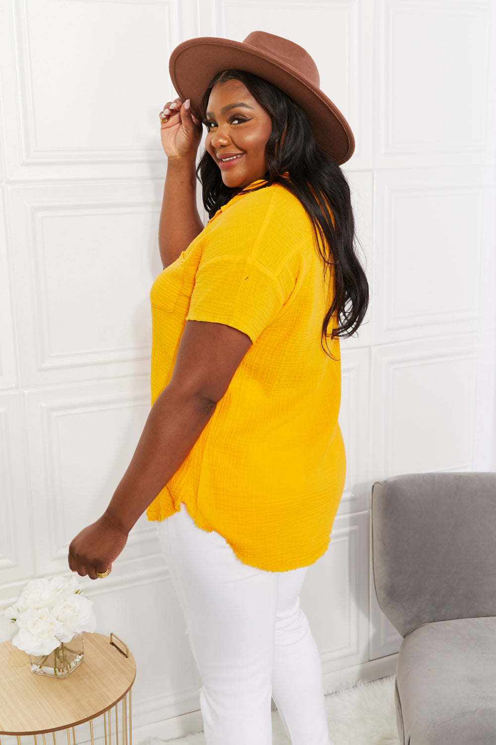 Full Size Summer Breeze Gauze Short Sleeve Shirt in Mustard - T-Shirts - Shirts & Tops - 2 - 2024
