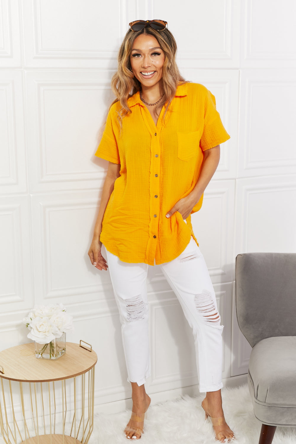 Full Size Summer Breeze Gauze Short Sleeve Shirt in Mustard - T-Shirts - Shirts & Tops - 9 - 2024