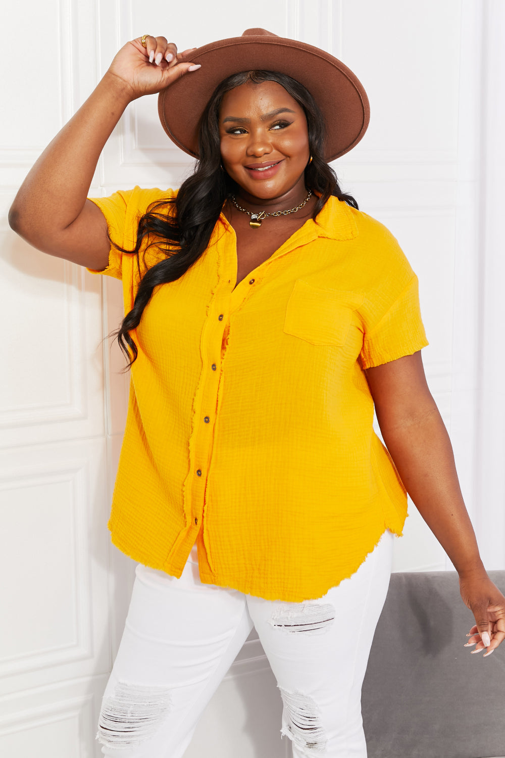 Full Size Summer Breeze Gauze Short Sleeve Shirt in Mustard - Yellow / S - T-Shirts - Shirts & Tops - 1 - 2024