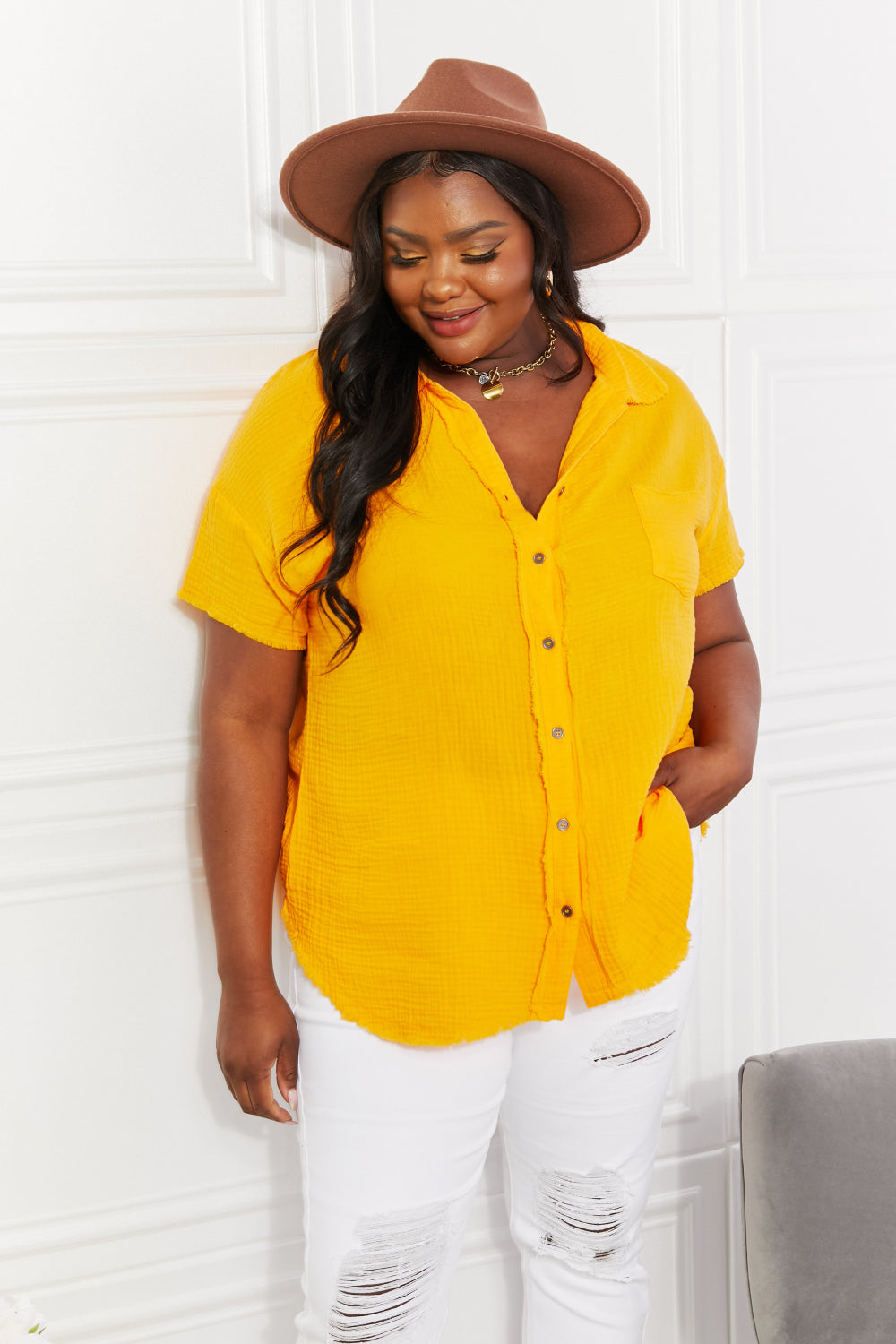 Full Size Summer Breeze Gauze Short Sleeve Shirt in Mustard - T-Shirts - Shirts & Tops - 3 - 2024