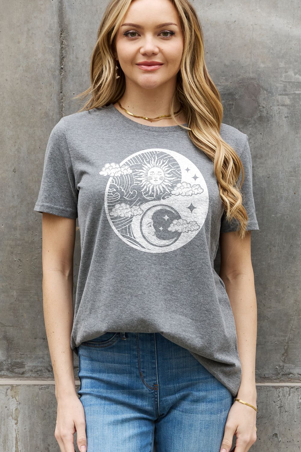 Full Size Sun and Moon Graphic Cotton Tee - Gray / S - T-Shirts - Shirts & Tops - 1 - 2024