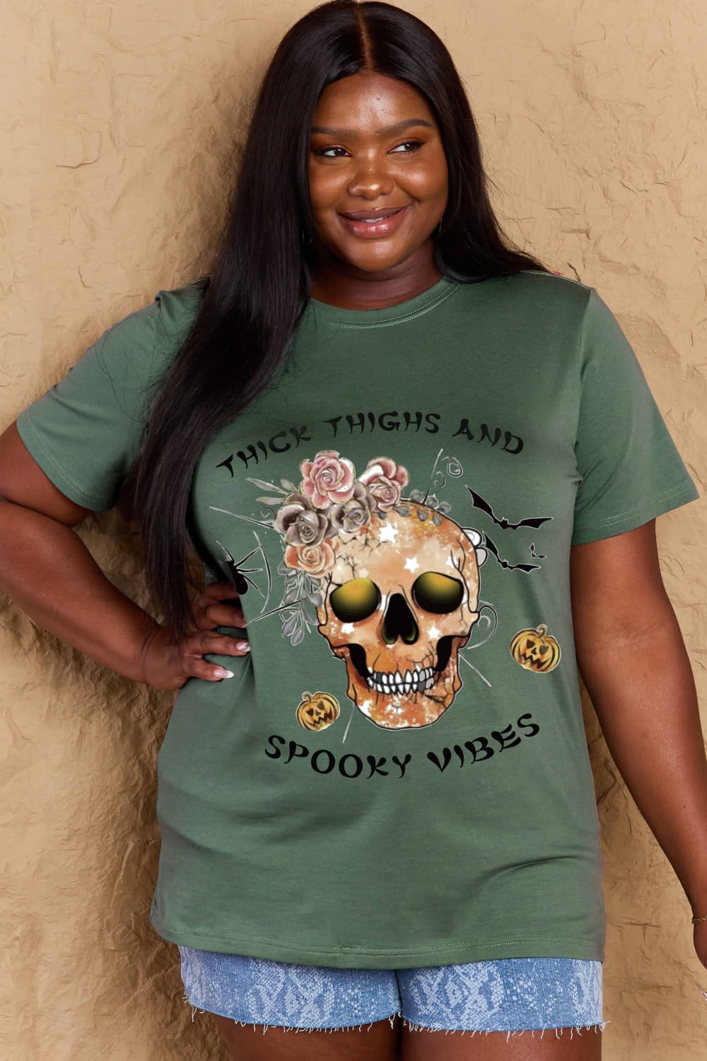 Full Size THICK THIGHS AND SPOOKY VIBES Graphic Cotton T-Shirt - T-Shirts - Shirts & Tops - 14 - 2024