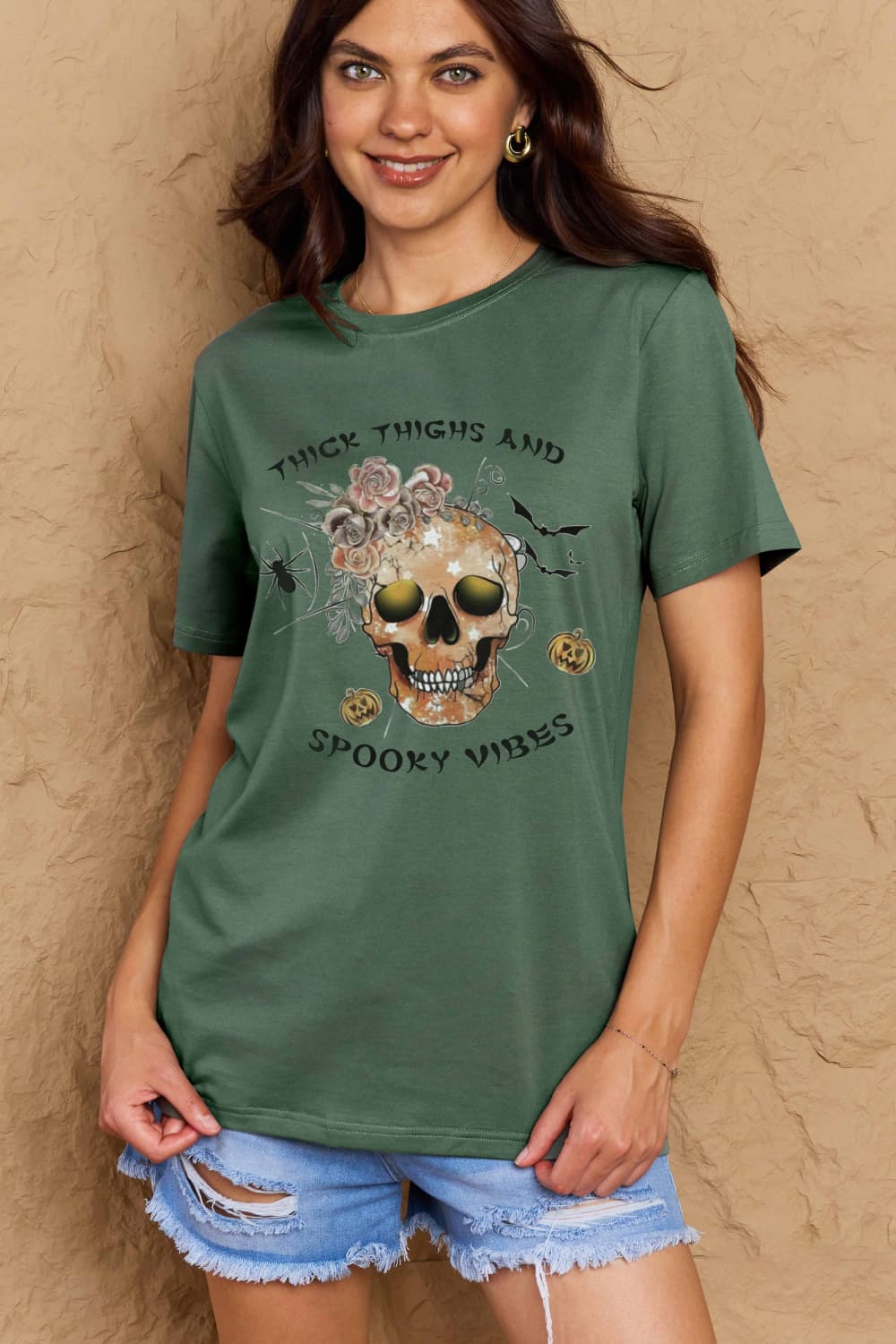Full Size THICK THIGHS AND SPOOKY VIBES Graphic Cotton T-Shirt - T-Shirts - Shirts & Tops - 16 - 2024