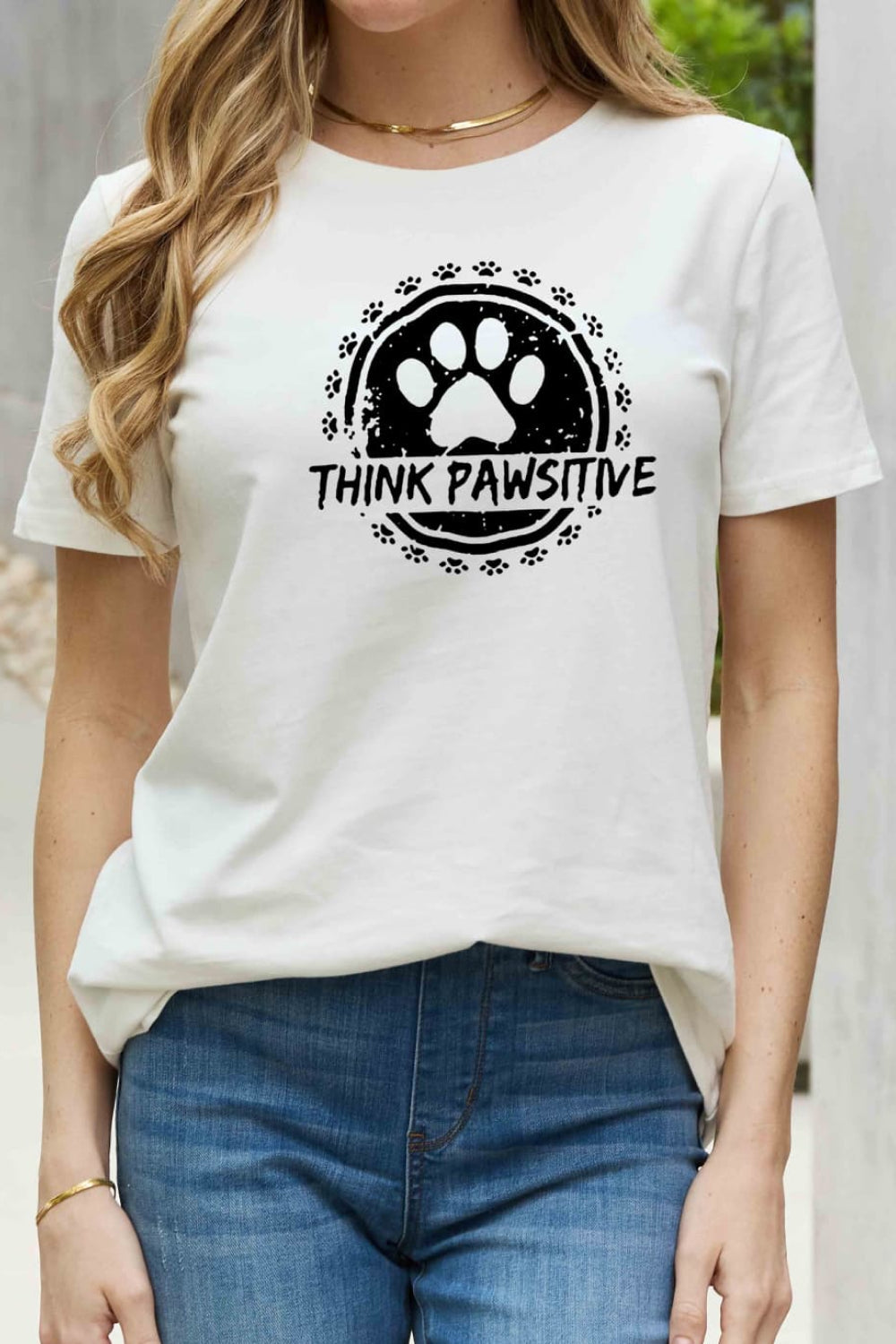 Full Size THINK PAWSITIVE Graphic Cotton Tee - T-Shirts - Shirts & Tops - 12 - 2024