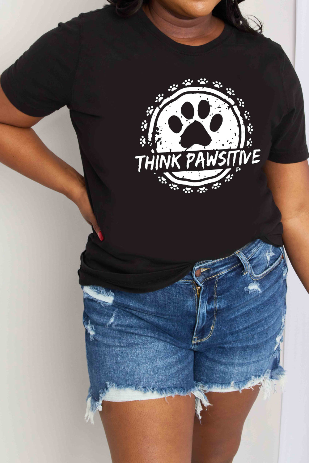 Full Size THINK PAWSITIVE Graphic Cotton Tee - T-Shirts - Shirts & Tops - 1 - 2024