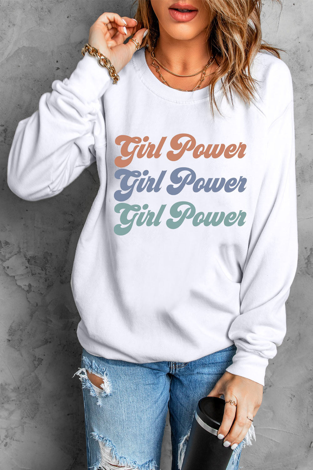 GIRL POWER Graphic Dropped Shoulder Sweatshirt - White / S - T-Shirts - Shirts & Tops - 1 - 2024