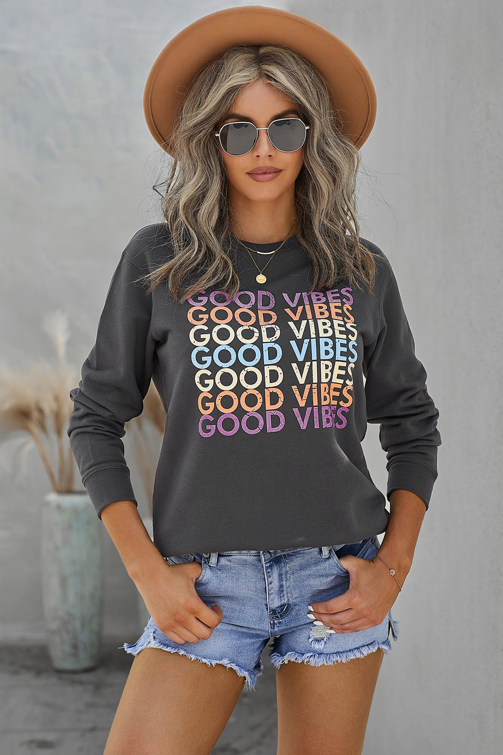 GOOD VIBES Graphic Sweatshirt - Gray / S - T-Shirts - Shirts & Tops - 1 - 2024