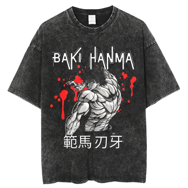 Grappler Baki Kyokudai Taikai Anime T-shirt Harajuku Streetwear Creative Printing Short Sleeve Vintage Washed Tees Mens