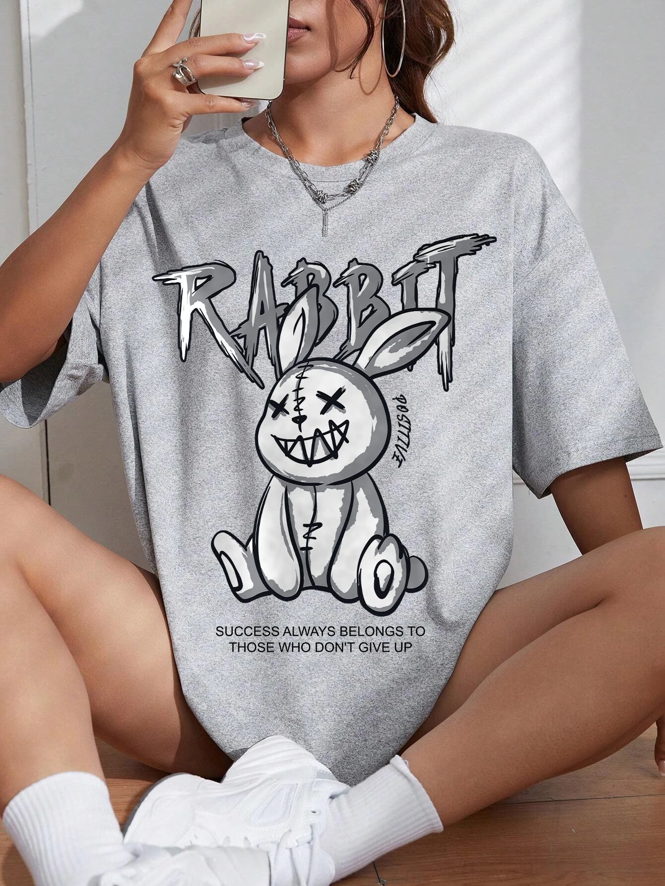 Gritty Graffiti Bunny Oversized Tee – Motivational Street Style Top - Gray / S - T-Shirts - Shirts & Tops - 10 - 2024