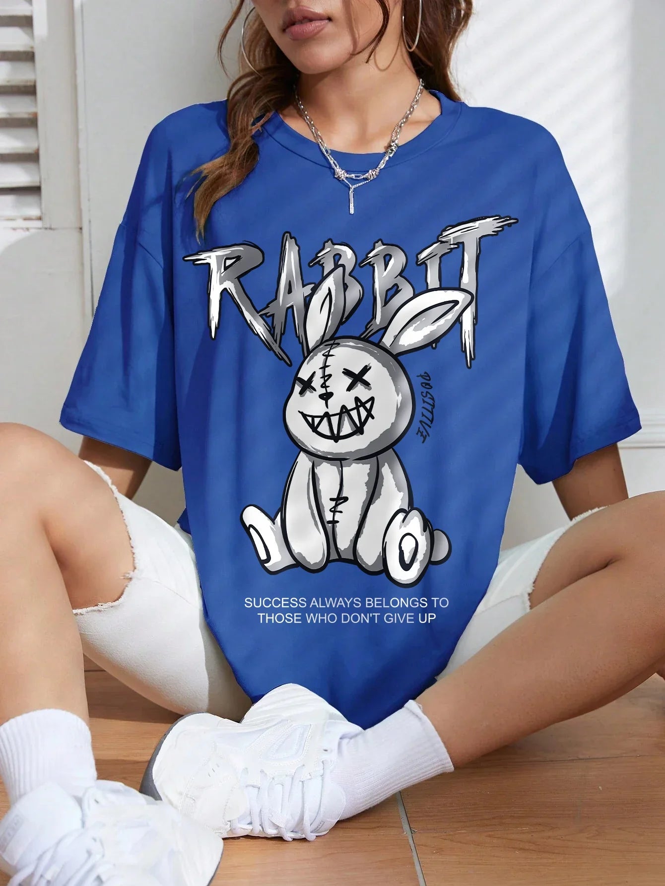 Gritty Graffiti Bunny Oversized Tee – Motivational Street Style Top - Blue / XXL - T-Shirts - Shirts & Tops - 9 - 2024